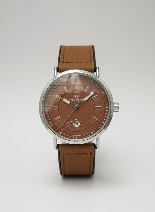Watch with brown leather strap on a stand next to a laptop and black box labeled 'Rafhi'.